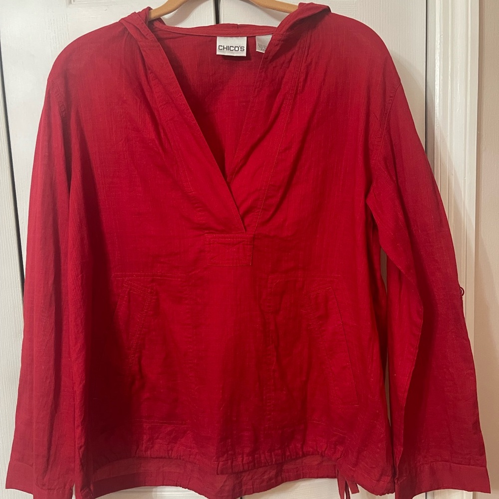 Chicco Woman’s Red V-Neck , hooded light weight top Size 1 NWOT PTP 22 Length 25